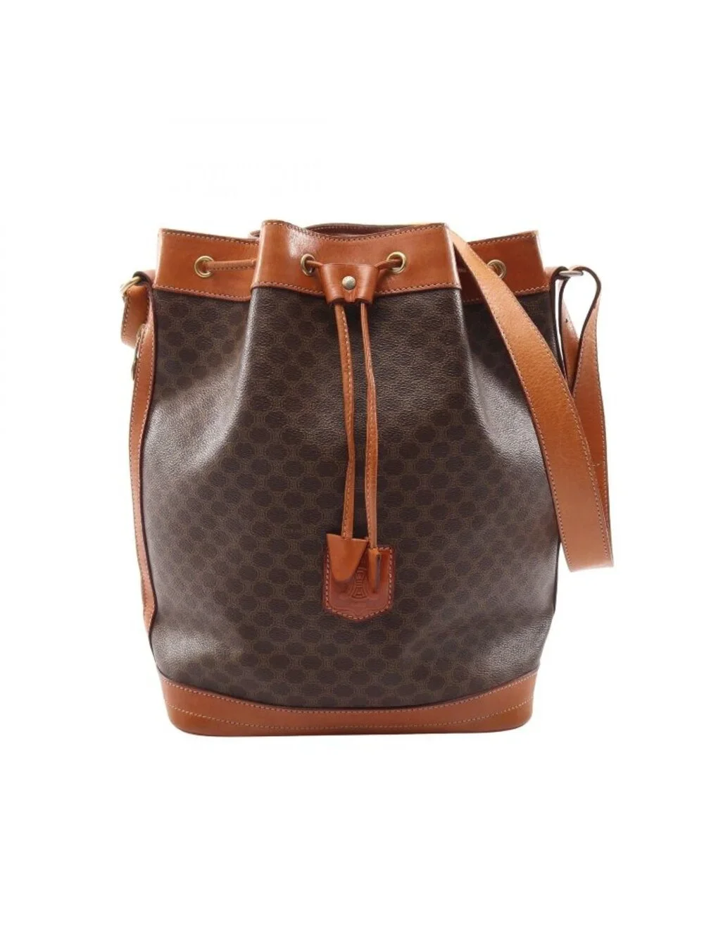 Celine Shoulder Bag Macadam Drawstring Beige Brown Canvas Leather